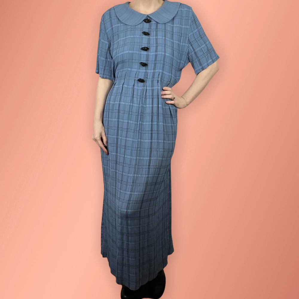 Retro 80s 90s Peter Pan Collar Oversized Blue Black Plaid Smock Maxi Dress